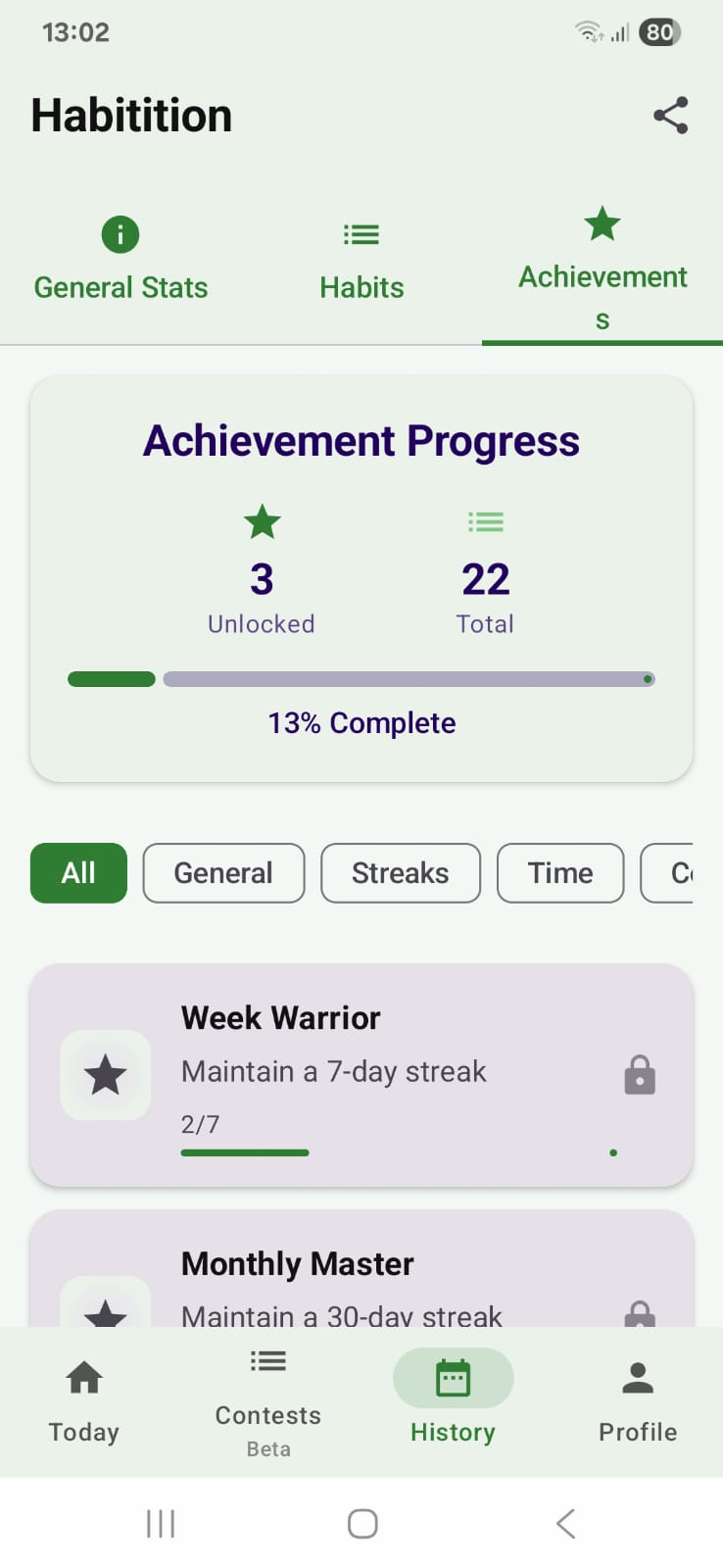 Habitition achievements and milestones screen